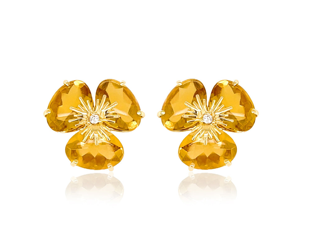 Pensée collection made in Brazil  Pensée earrings are inspired in Pansy flowers.  Yellow Citrine  Set in 18k yellow gold  Secure & comfortable friction backs  12.50 mm 