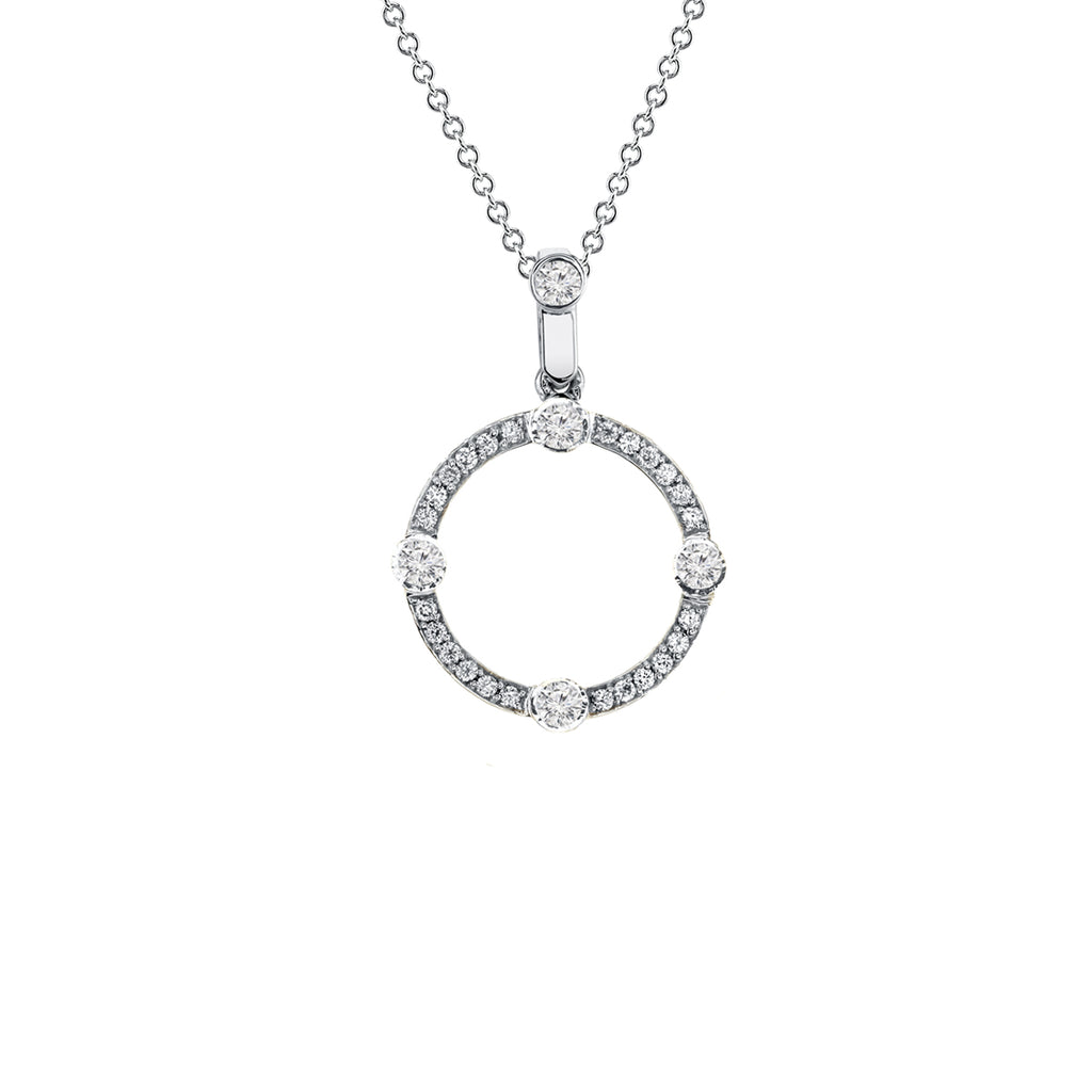 Open circle diamond pendant 27.00 mm  Round diamonds 0.34 cts  Set in 14k white gold  16" long chain