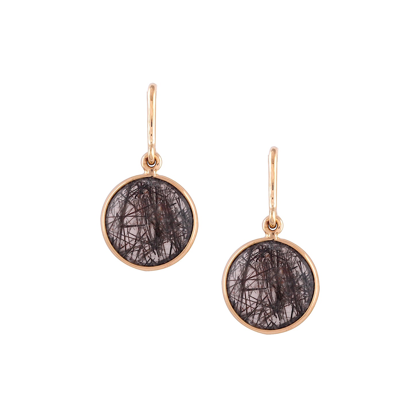 18k yellow gold earrings featuring 20 mm long by 10 mm Black Rutile Quartz stones dangling delicately.