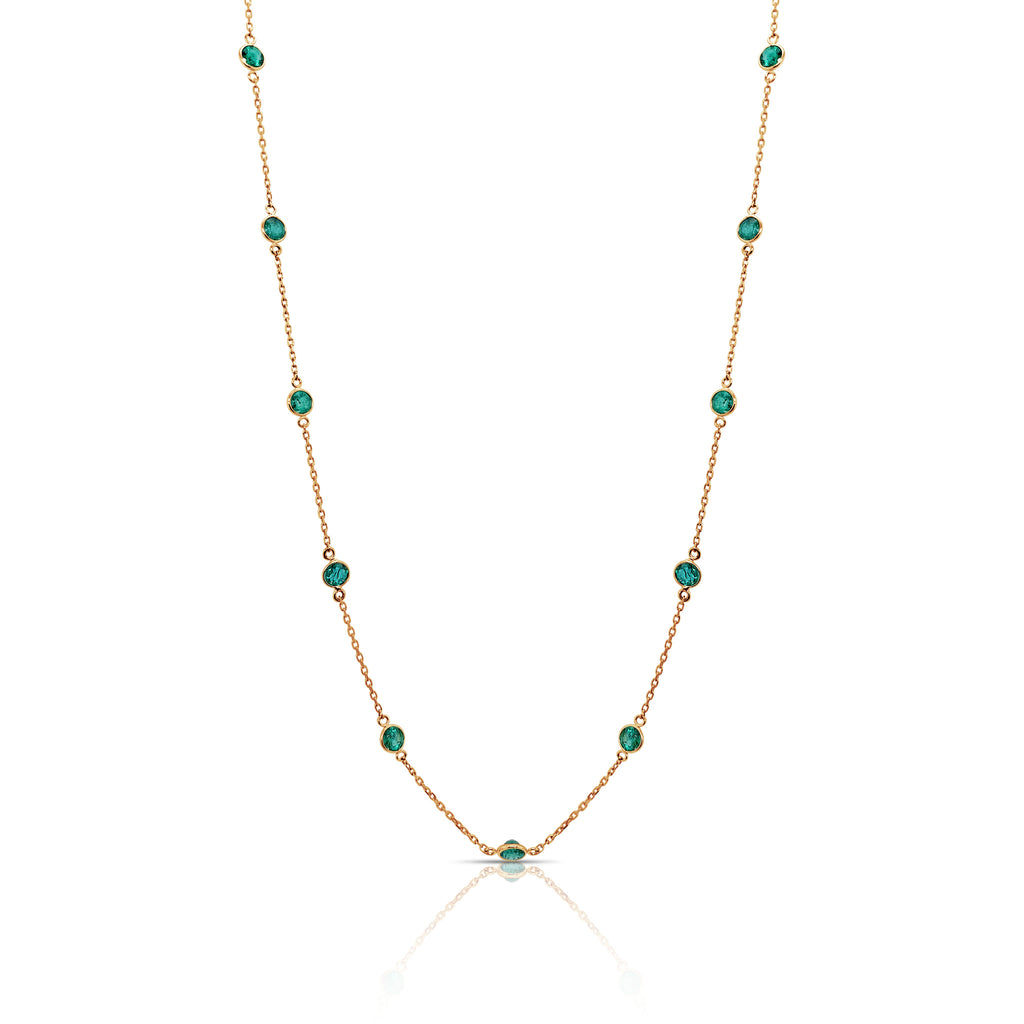 Elevate your style with a timelessly sophisticated necklace. This Emeralds by the Yard necklace is crafted out of 18k yellow gold, featuring nineteen 5.50 cts shimmering emeralds and a secure catch for your peace of mind. Its length of 17" with a sizing loop at 15" offers a perfect fit for any occasion.   