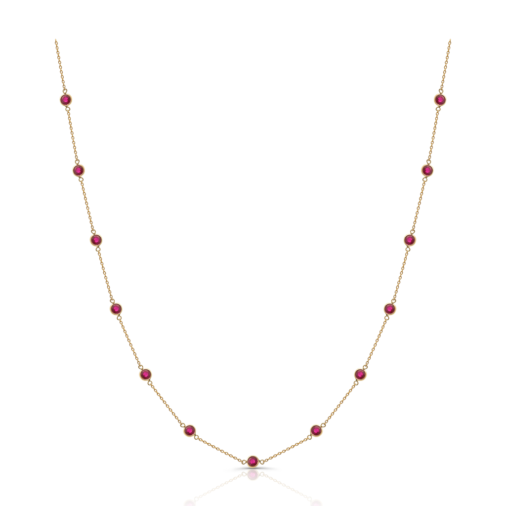 Beautiful facet rubys necklace set in 18k yellow gold.  25 rubys.  Secure catch.  18" long with sizing loop at 16"