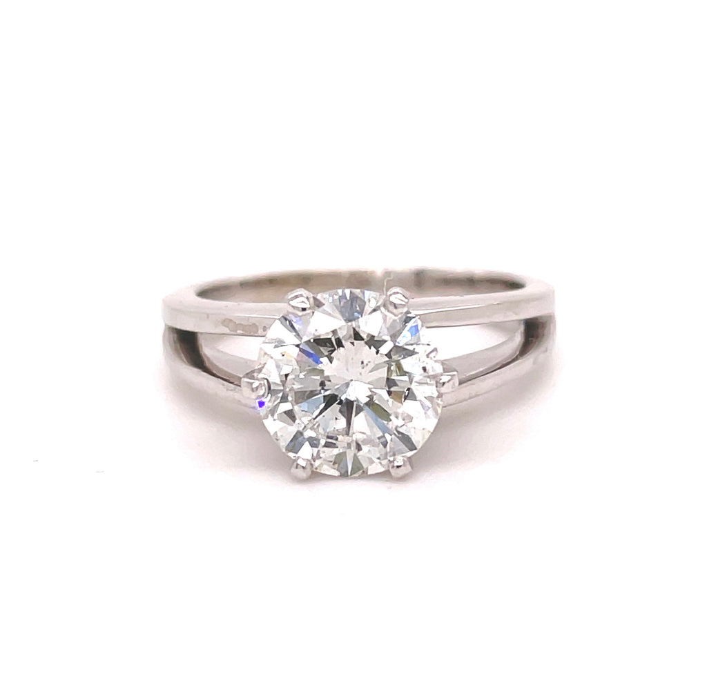 This breathtaking diamond is 2.32 cts, brilliant cut, Color H, Clarity SI1  and is set in an 18k white gold six-pronged split shank, crafted to perfection. It is a sublime & sophisticated addition to your collection.