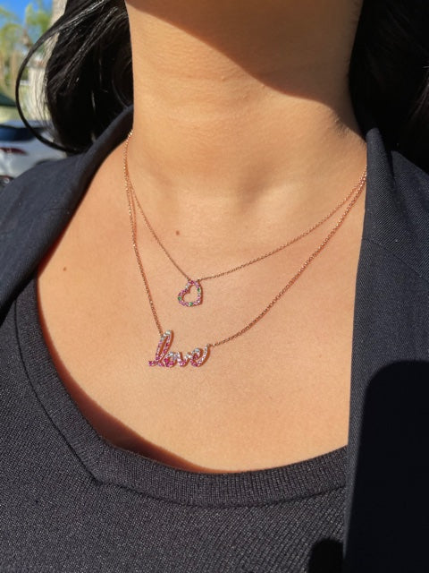 Try on video of 14k Rose Gold Diamond & Sapphire Love Rose Gold Pendant Necklace