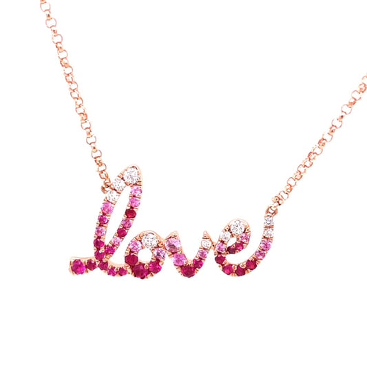 Front view of 14k Rose Gold Diamond & Sapphire Love Rose Gold Pendant Necklace