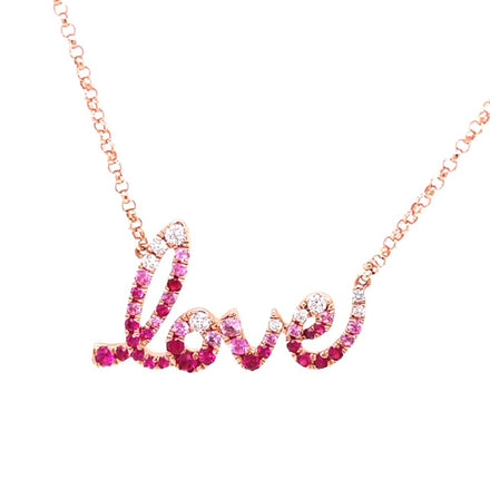 This exquisite Love necklace is crafted from 14k rose gold and glitters with 0.18cts of sparkling round diamonds and 0.74cts of beautiful multicolor sapphires! The piece is designed with a secure lobster clasp and an 18" chain, with a sizing loop at 16". 