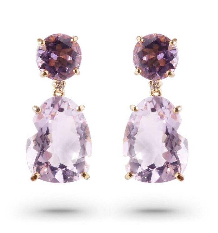 Front view of 18K Yellow Gold Amethyst, Rhodolite & Diamond Drop Earrings
