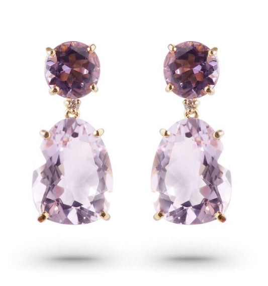  Front view of 18K Yellow Gold Amethyst, Rhodolite & Diamond Drop Earrings