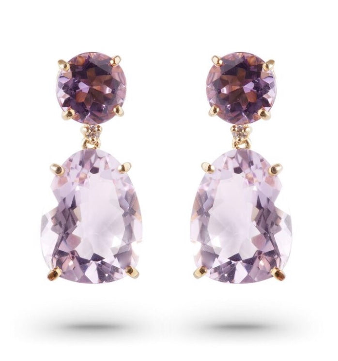 From our Vianna Brasil collection  18k yellow gold drop earrings with secure friction back   23.00 mm long x 10.00 wide   Amethyst, rhodolite & round diamonds 0.10 cts