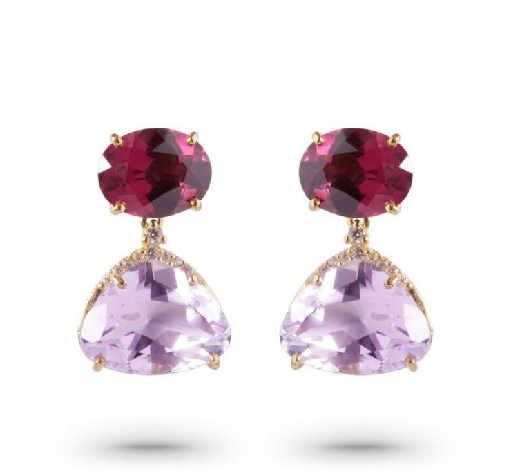 Front view of 18k Yellow Gold Amethyst, Rhodolite & Diamond Drop Earrings