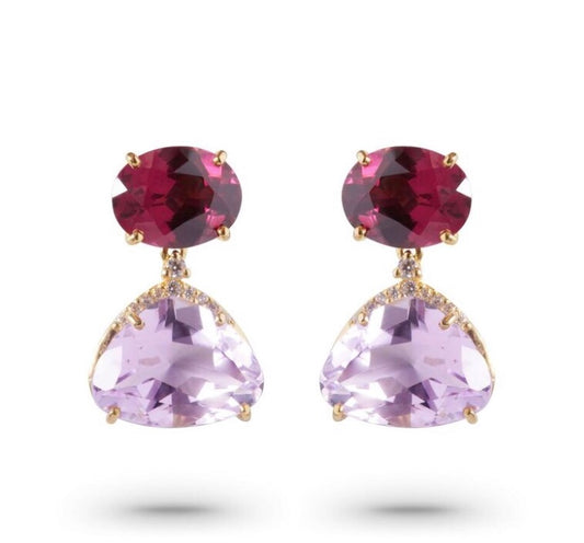 Front view of 18k Yellow Gold Amethyst, Rhodolite & Diamond Drop Earrings
