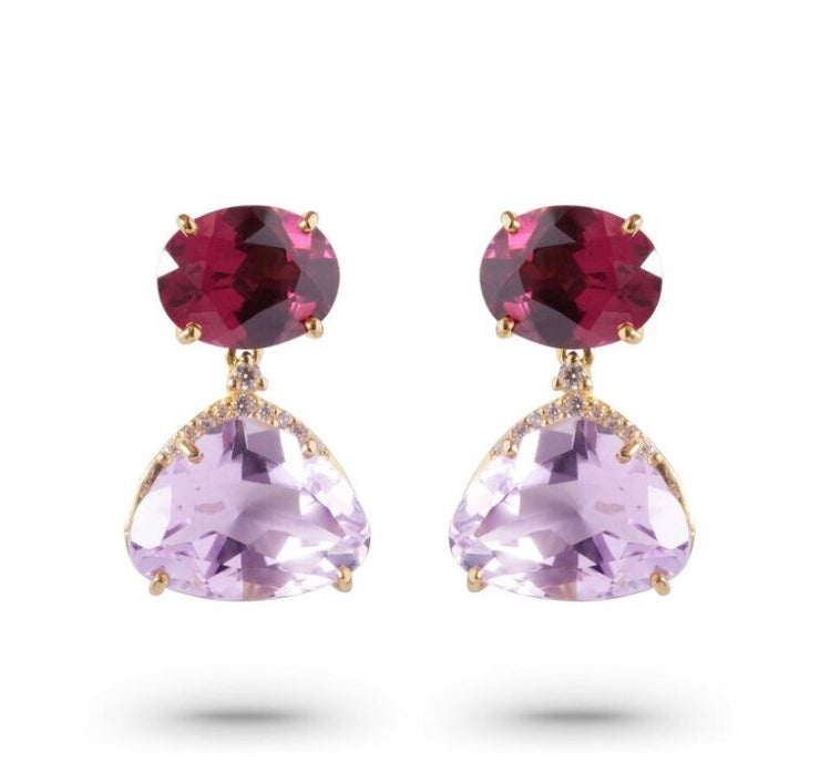 These stunning Vianna Brasil collection earrings have a beautiful combination of amethyst and rhodolite (10.02 cts) and .10 cts diamonds set into 18 karat yellow gold for a timeless look. Enjoy the secure feel of the friction back and wear your style with confidence. 19.88 mm long and 12.00 wide.