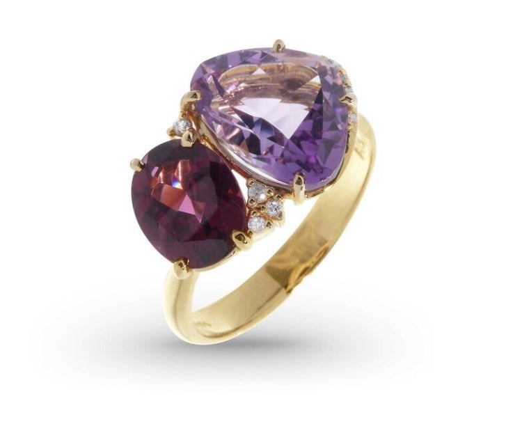 Top view of 18K Yellow Gold Amethyst, rhodolite & diamond ring