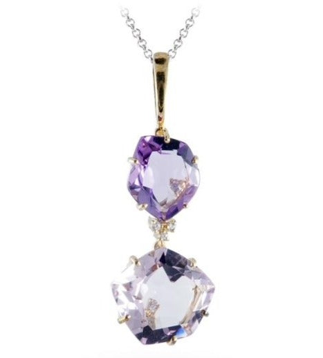 Front view of 18K Yellow Gold Pink Amethyst, Amethyst & Diamond Pendant Necklace