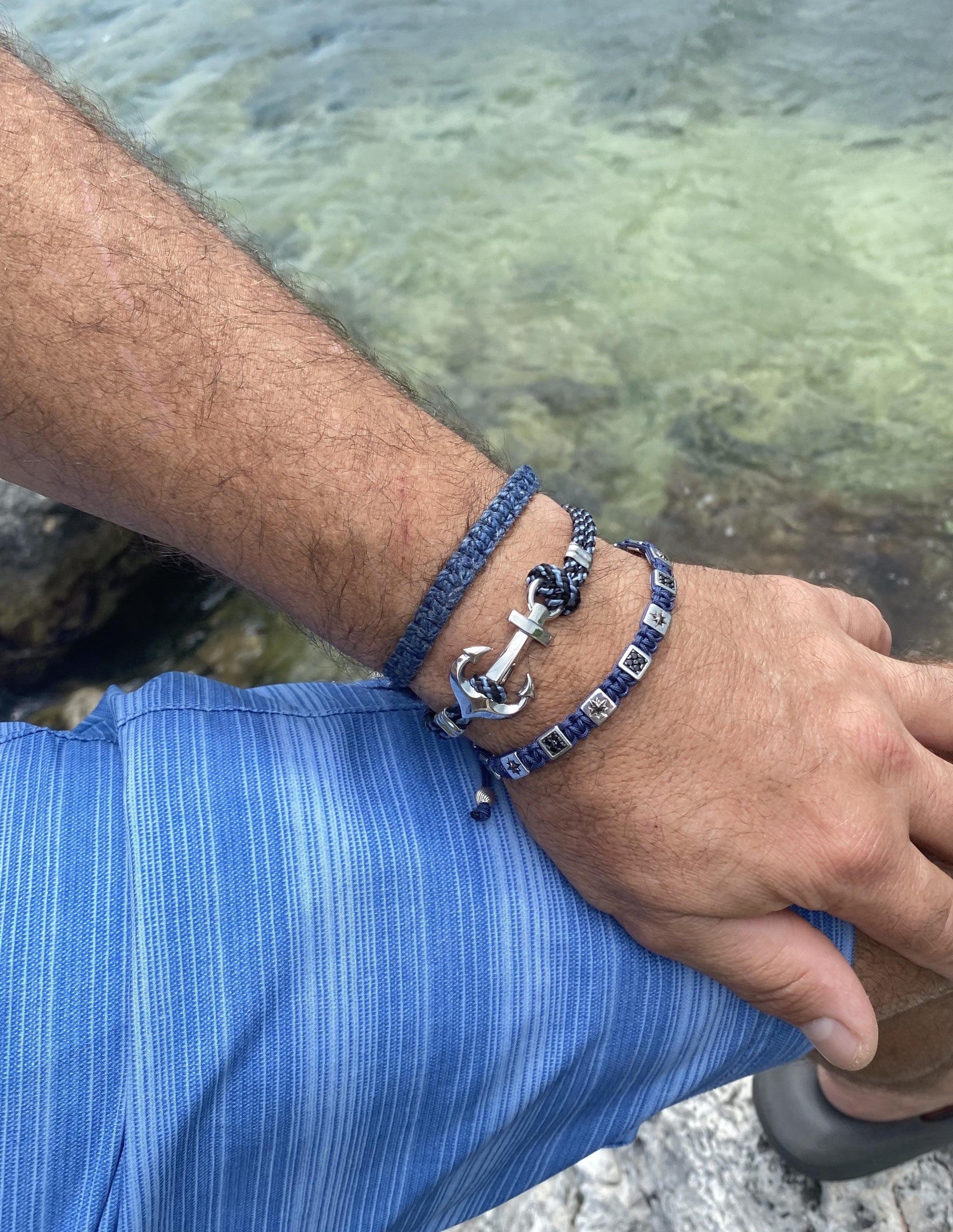 Italian made sterling silver bracelet  Rhodium coated  8" long  Two row white & blue pattern bracelet   Adjustable slide lock