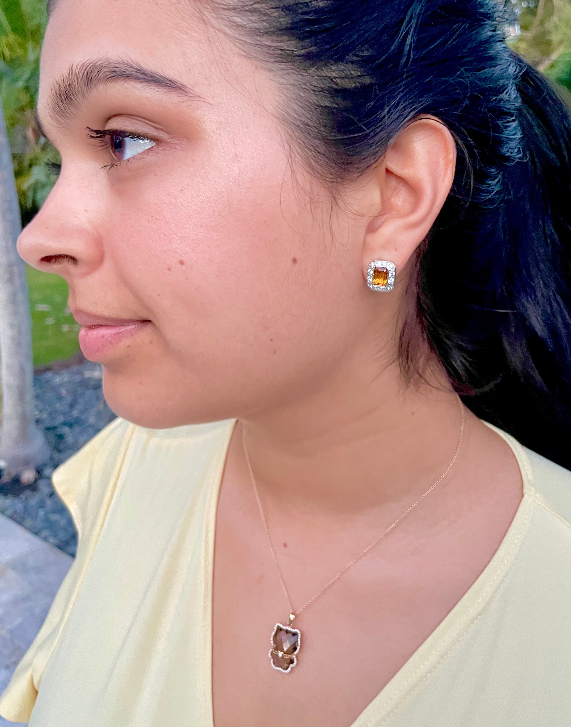 Try on view of Bezel Set Citrine Diamond Earrings