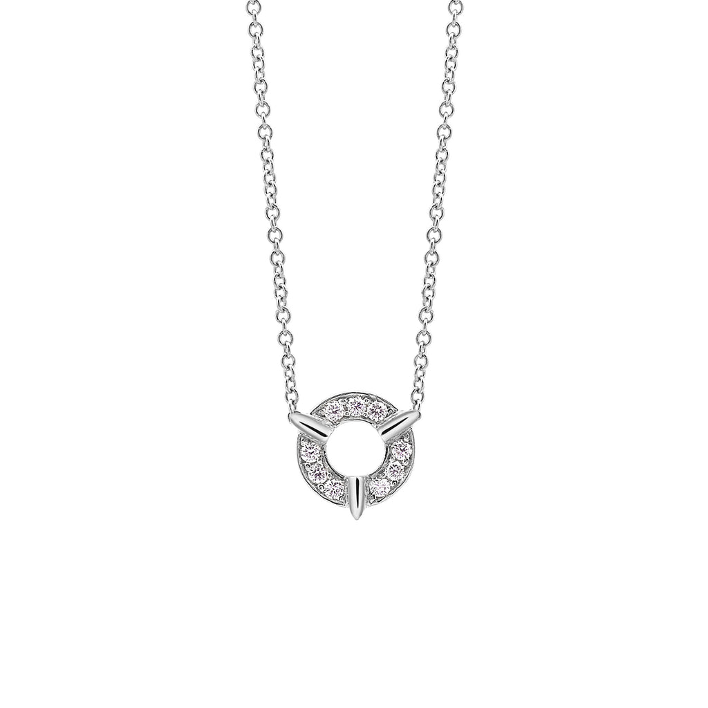 Be mesmerized by this elegant Dainty Open Circle Cycle Diamond White Gold Pendant Necklace. Featuring 10.00 mm Round diamonds that weigh 0.12 cts, this breathtaking piece is set in 14k white gold and hangs from a 16" long chain.