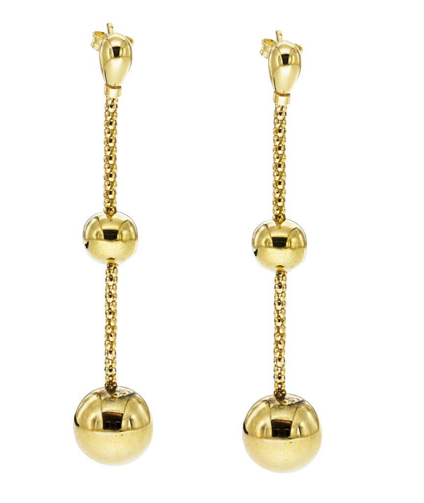 From our Stella Milano Collection 18k Italian yellow gold Polished finish Secure friction backs 2 " long x 11.88 mm (sphere) x 7.85 mm (sphere) Contemporary gritty chain