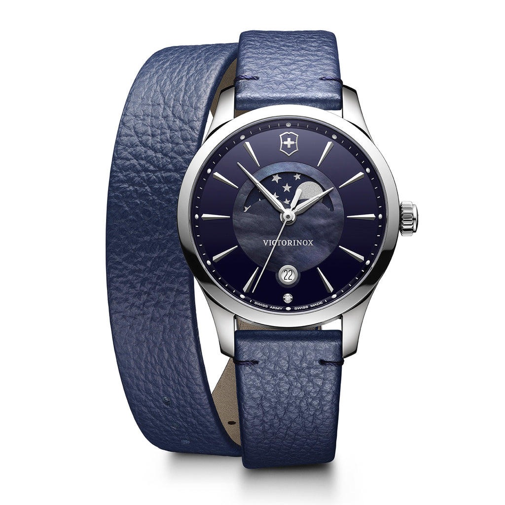 Taking inspiration from the night sky, the center of this women's Alliance model features a stainless steel 35 mm case and an exclusive mother-of-pearl circle reminiscent of a full moon. A round diamond glistens in orbit around 6 o’clock and it is complemented nicely by a matching blue leather strap. It is water resistant to 100 meters (330 feet) and features an end-of-life indicator.