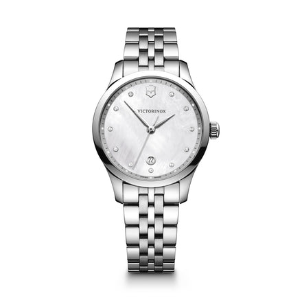 The delicate, 35 mm stainless steel Alliance timepiece works with any outfit, becoming a classic in your busy day. It features feminine and timeless design for any occasion, hands and numerical indexes for easy readability. Item number 241824