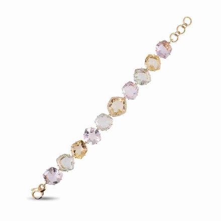From our Brazilian Collection  18k yellow gold   Secure lobster clasp with 0.5" extension for sizing  8" long x 10.00 mm wide  Pink amethyst, yellow light citrine & praziolite 11.60cts and round diamonds 0.13 cts      
