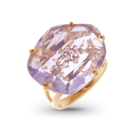 From our Brazilian Collection  18k yellow gold   6.5 size (sizeable)  Pink amethyst & round diamonds 0.02 cts  22.00 mm.
