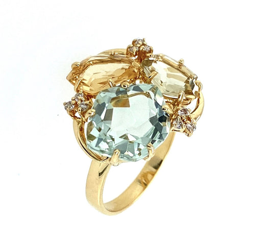 Citrine, Green Quartz & Diamond Flower Motif Ring Top view 