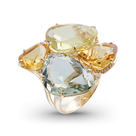 Multicolor Citrine, Green Quartz, Prazolite & Diamond Fower Motif Ring Top view 