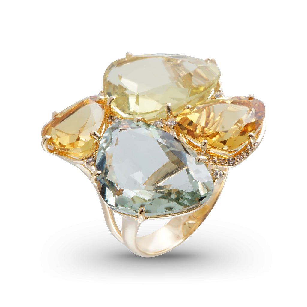 From our Brazilian collection  18k yellow gold  7.0 size (sizable)  Citrine, yellow light citrine, green quartz & round diamonds 0.07 cts  24.00 mm wide.