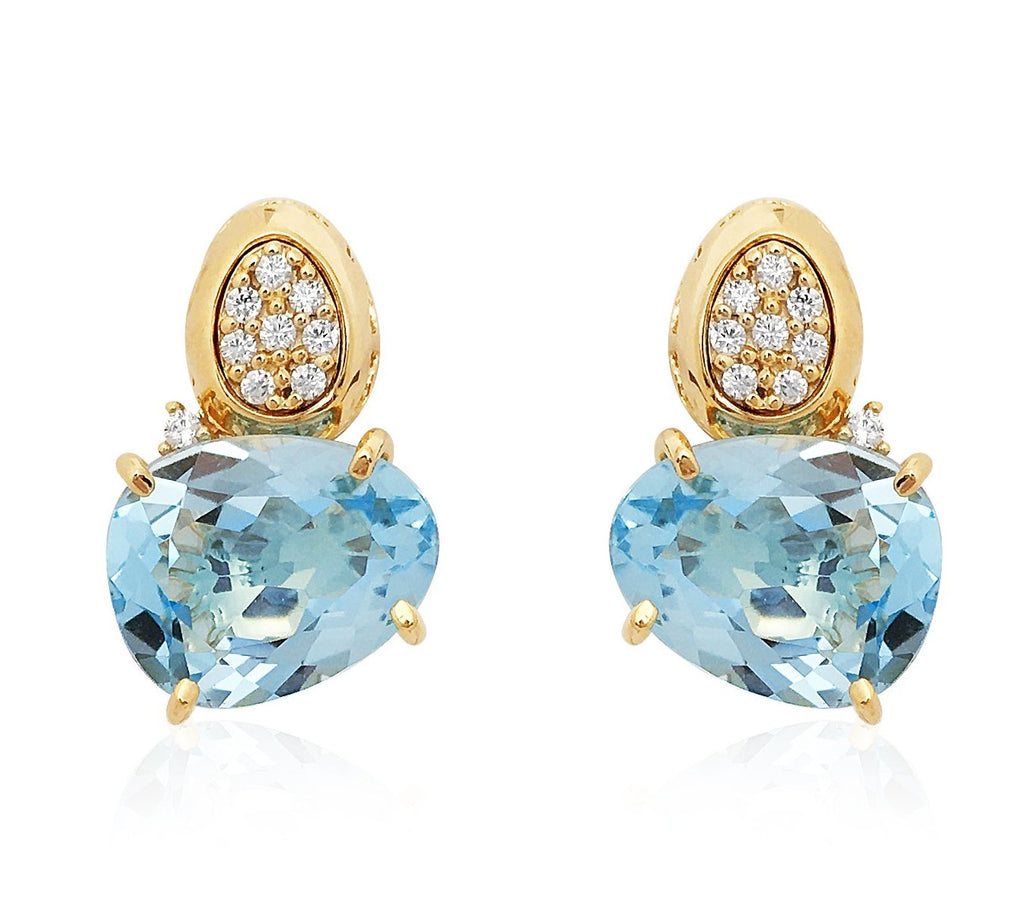 Vianna Brasil drop earrings feature 18k yellow gold settings with a dazzling combination of blue topaz and round diamond stones. Secure friction backs ensure a comfortable fit. 15mm x 10mm.
