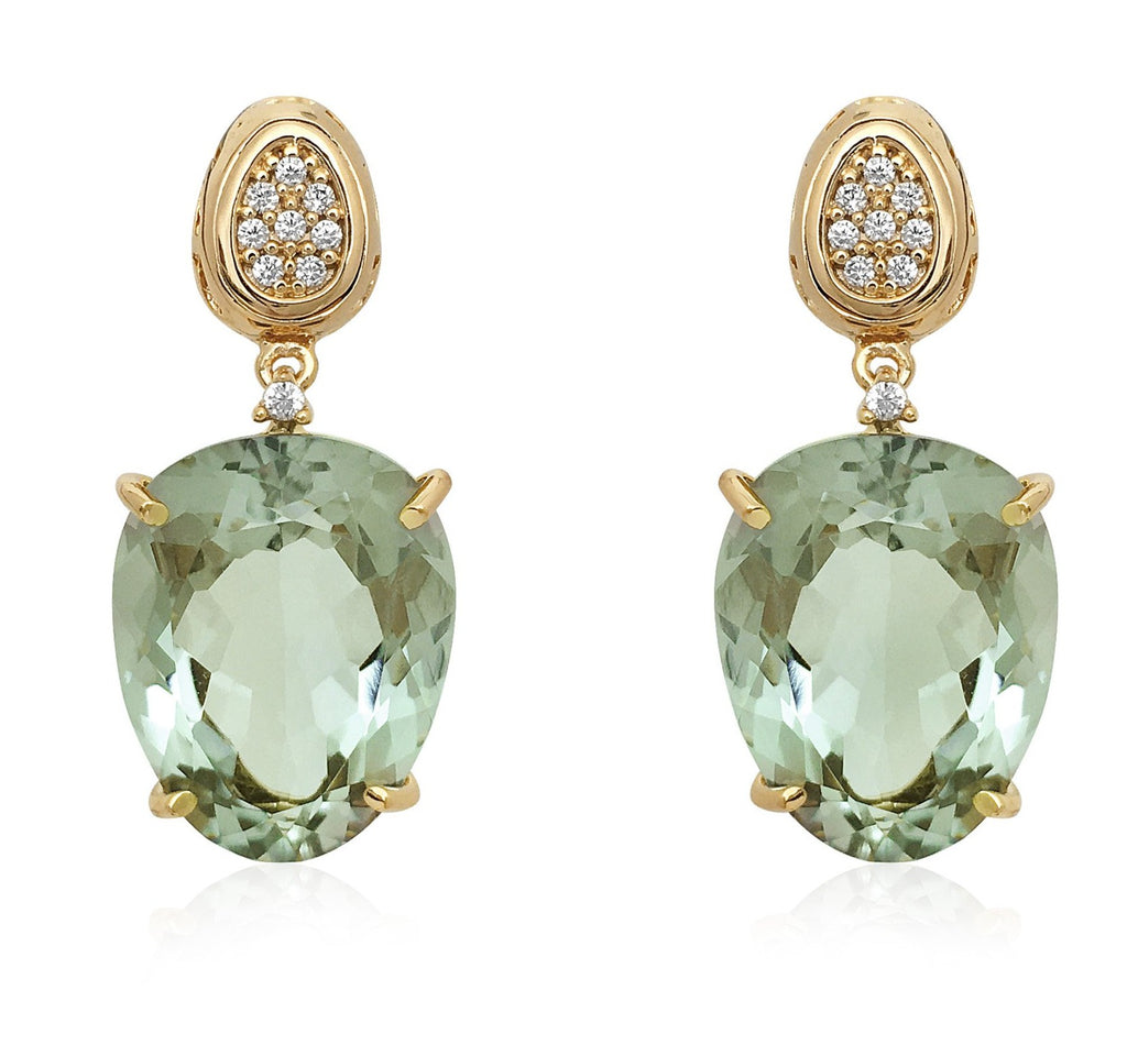 From our Vianna Brasil collection  Round diamonds & praziolite stone  26.00 mm x 15.00 mm wide  18k yellow gold drop earrings with secure friction back