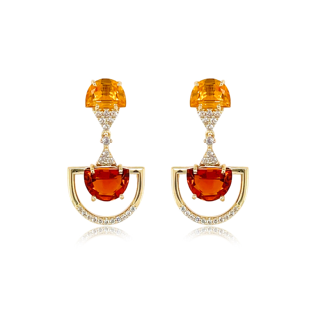 From our Brazilian collection  Round diamonds & citrine stone.  23.00 mm x 14.00 mm wide  18k yellow gold drop earrings  Secure friction back.