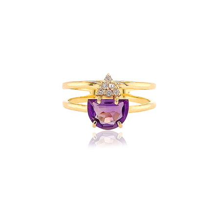 From our Brazilian collection  Round diamonds & amethyst stone.  Three row ring   8.00 mm wide  18k yellow gold
