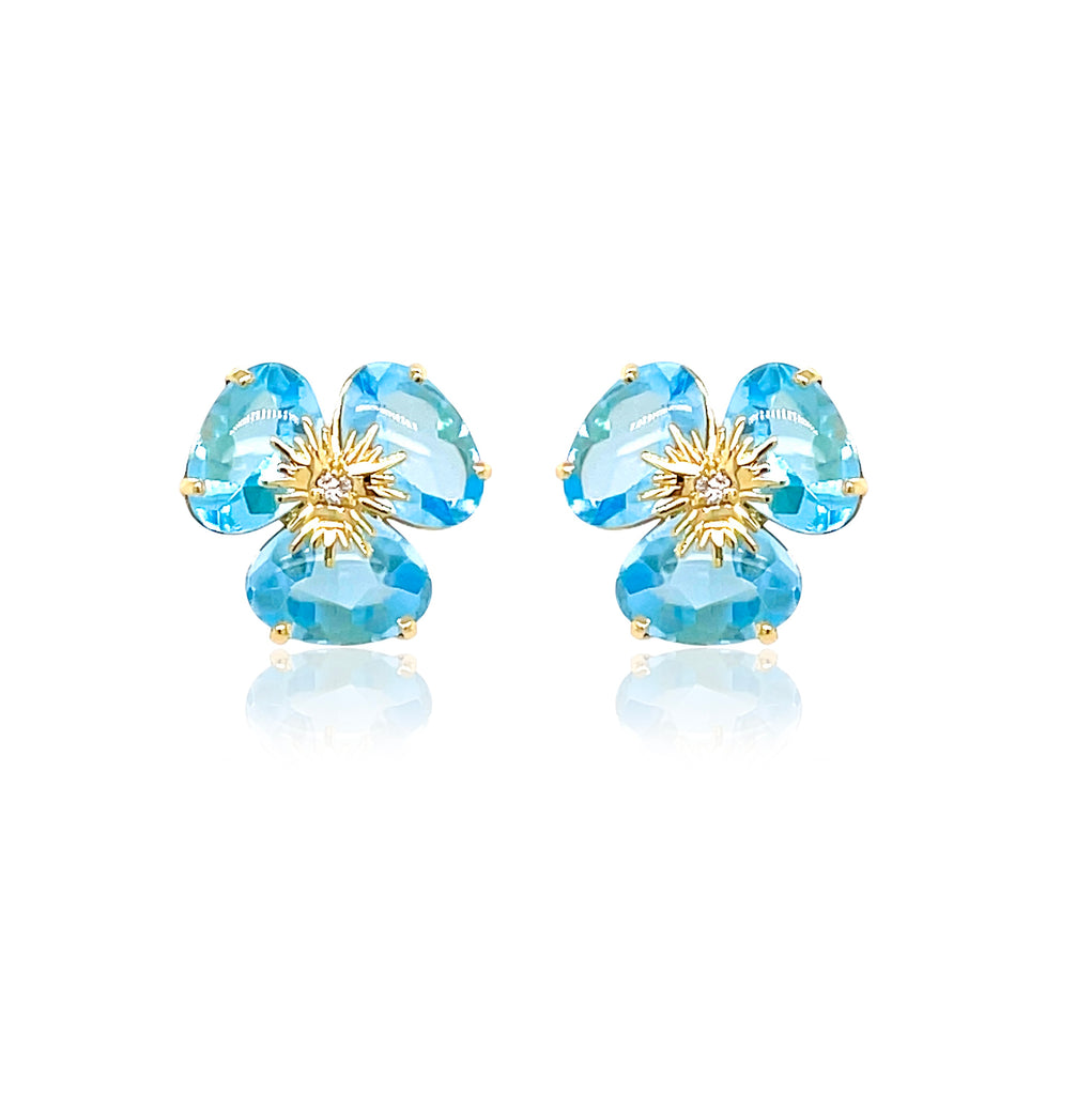 Pensée collection made in Brazil  Pensée earrings are inspired in Pansy flowers  Blue Topaz gem  Two small diamonds   Set in 18k yellow gold  Secure & comfortable friction backs  12.50 mm 