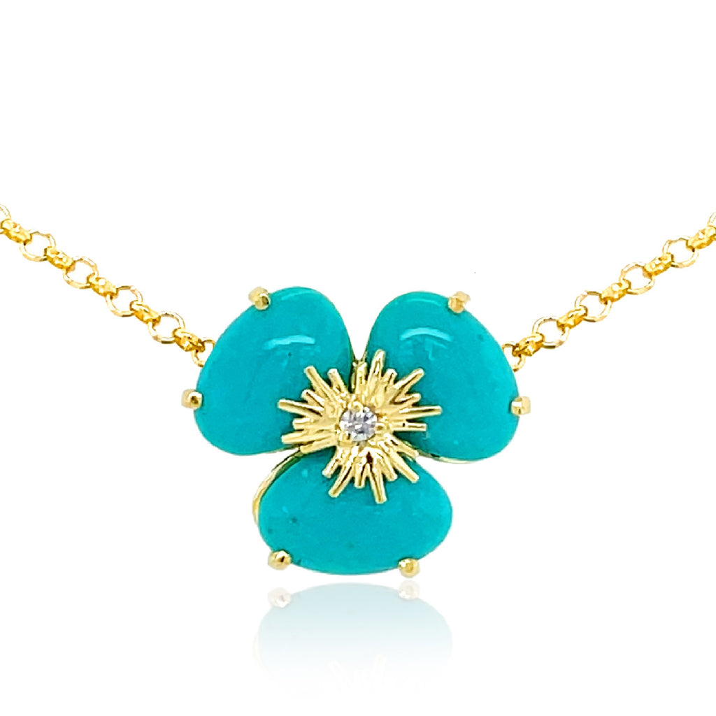 Pensée collection made in Brazil  Pensée earrings are inspired in Pansy flowers  Turquoise gems  One small diamond  Set in 18k yellow gold  18" long with sizing loop at 16"  Secure lobster clasp.  17.50 mm flower.