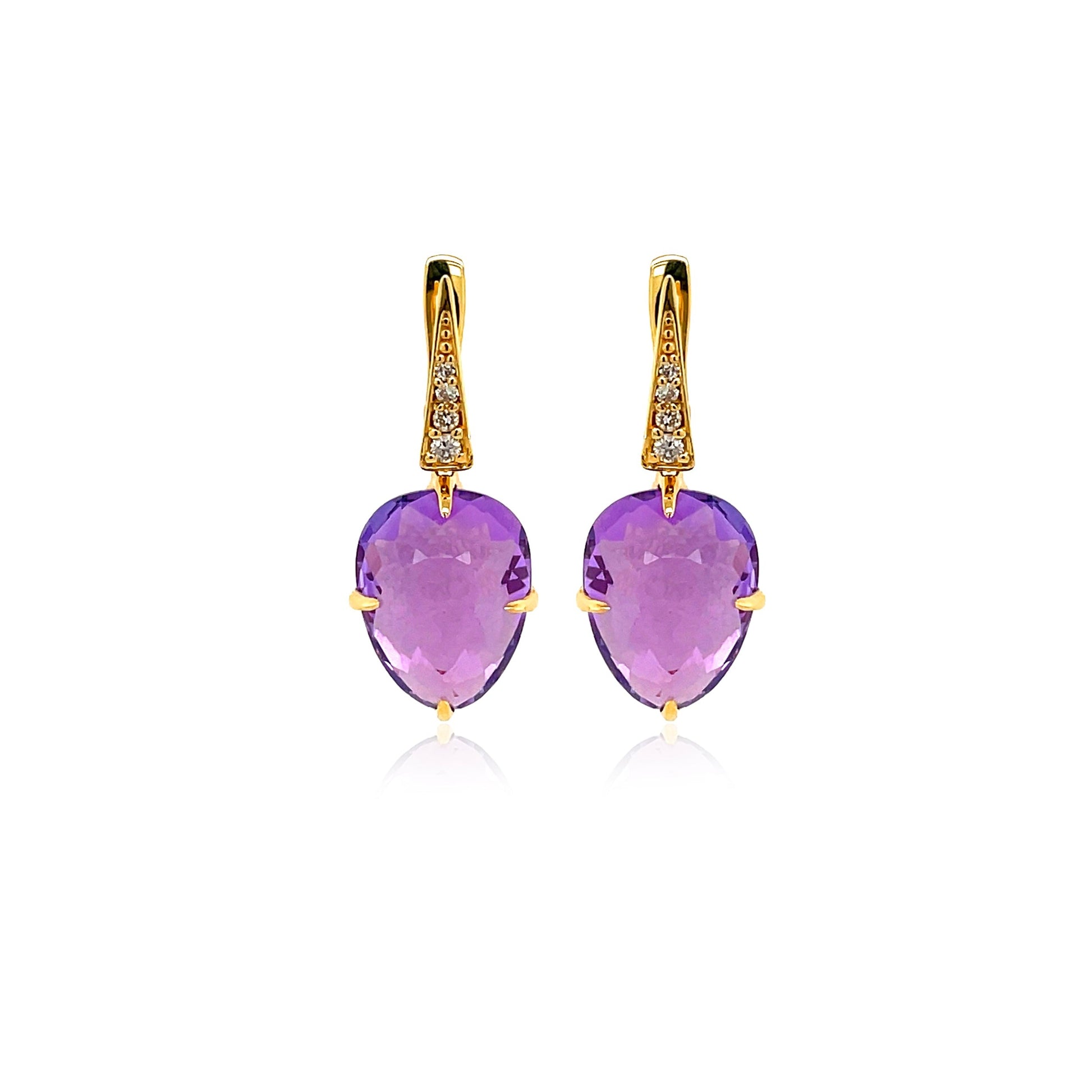 Front view of 18k Yellow Gold Amethyst & Diamond SugarLoaf Earrings