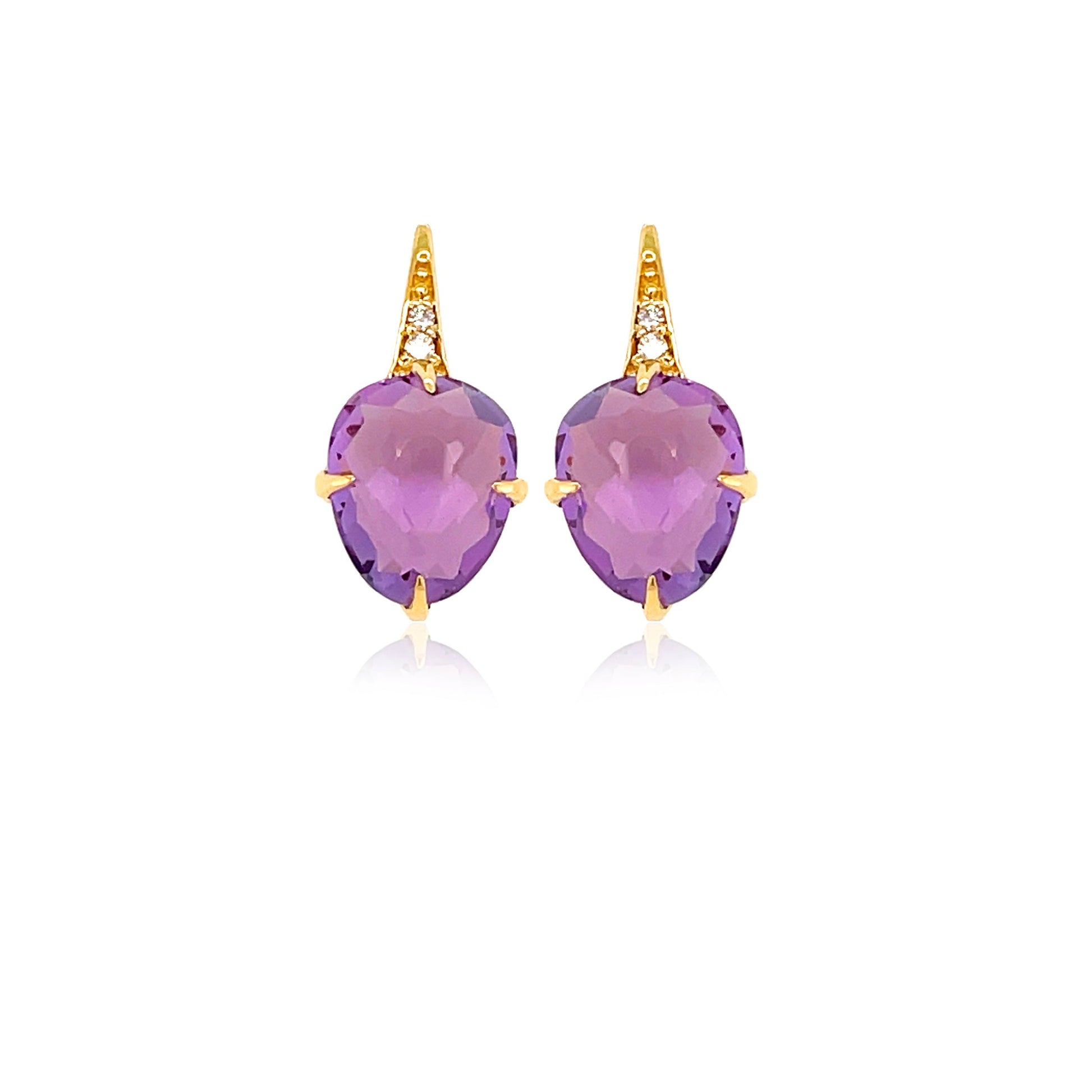 Front view of 18k Yellow Gold Small Amethyst & Diamond SugarLoaf Earrings