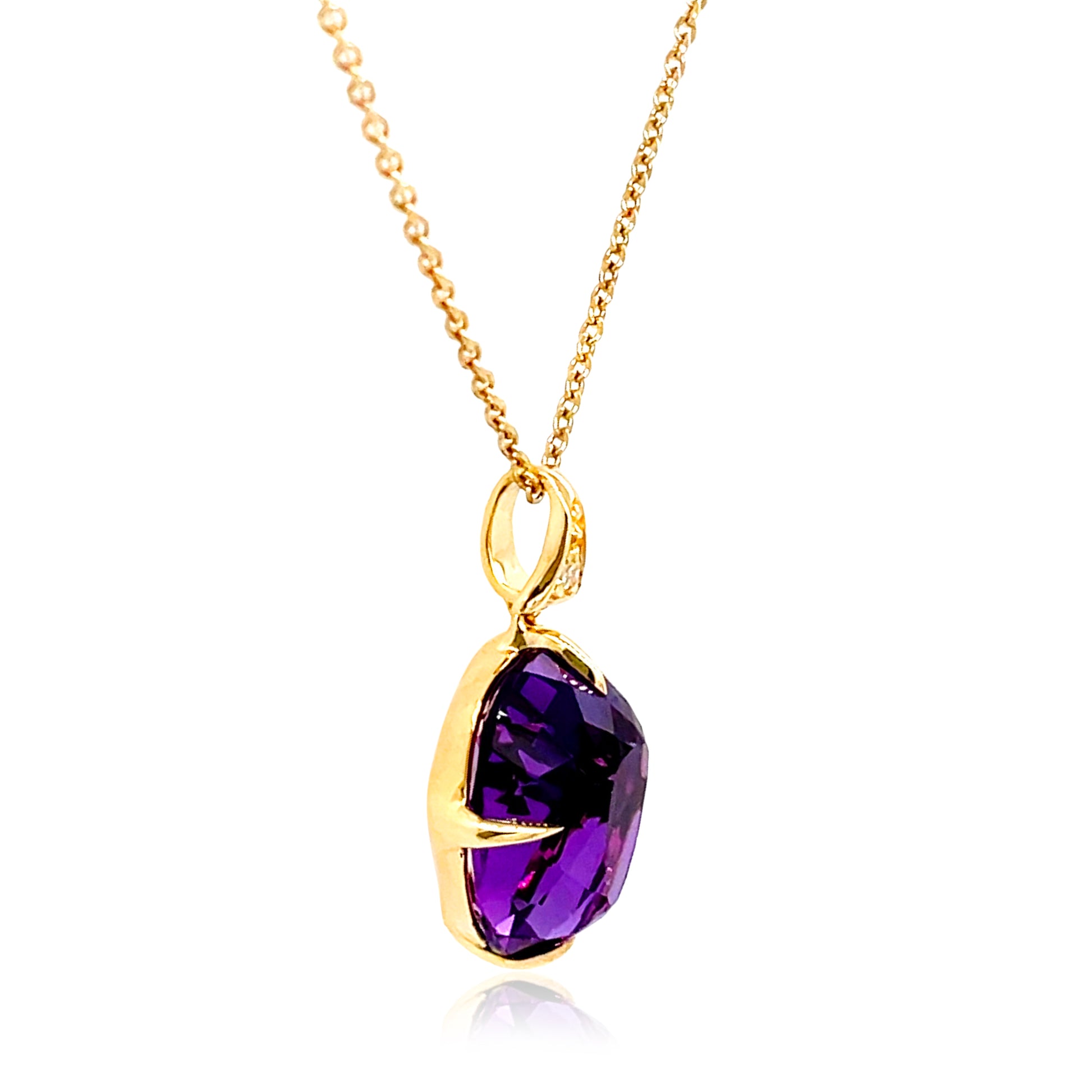 Side view of 18k Yellow Amethyst & Diamond SugarLoaf Pendant Necklace