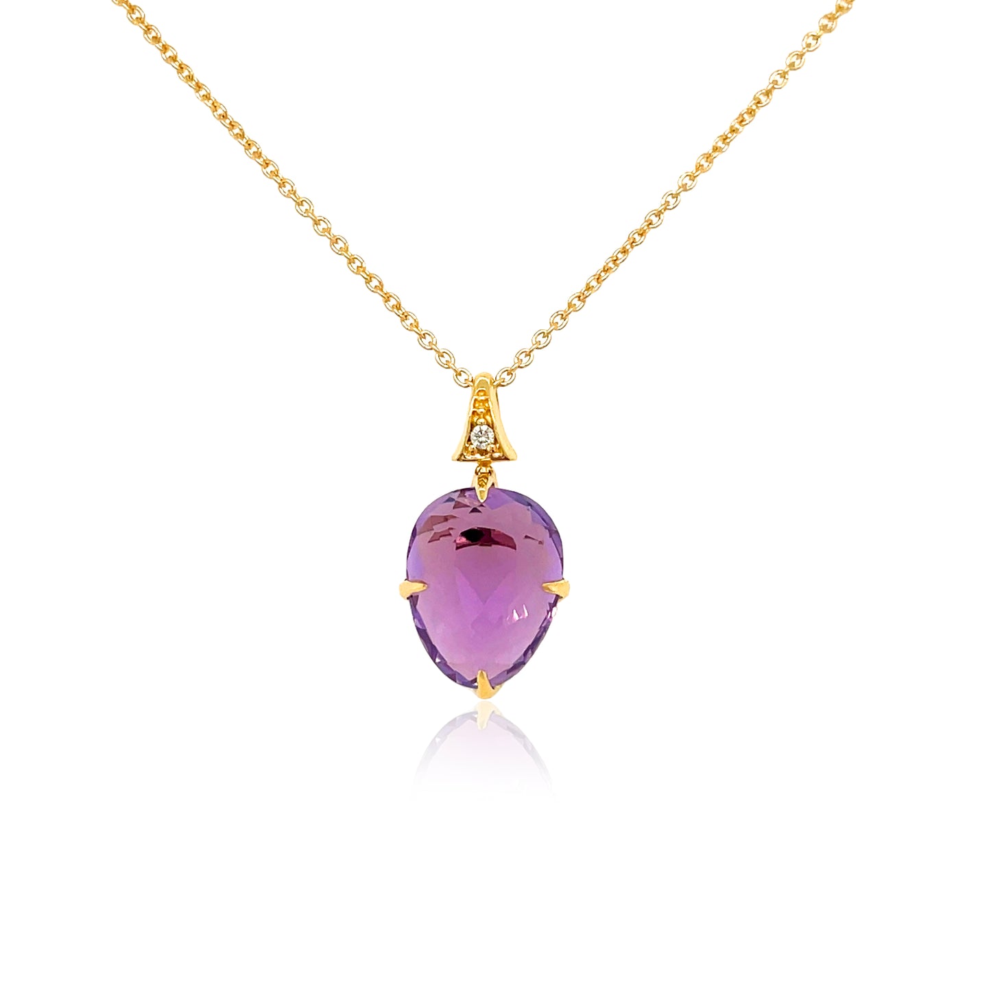 Front view of 18K Yellow Gold Small Blue Amethyst & Diamond SugarLoaf Pendant Necklace