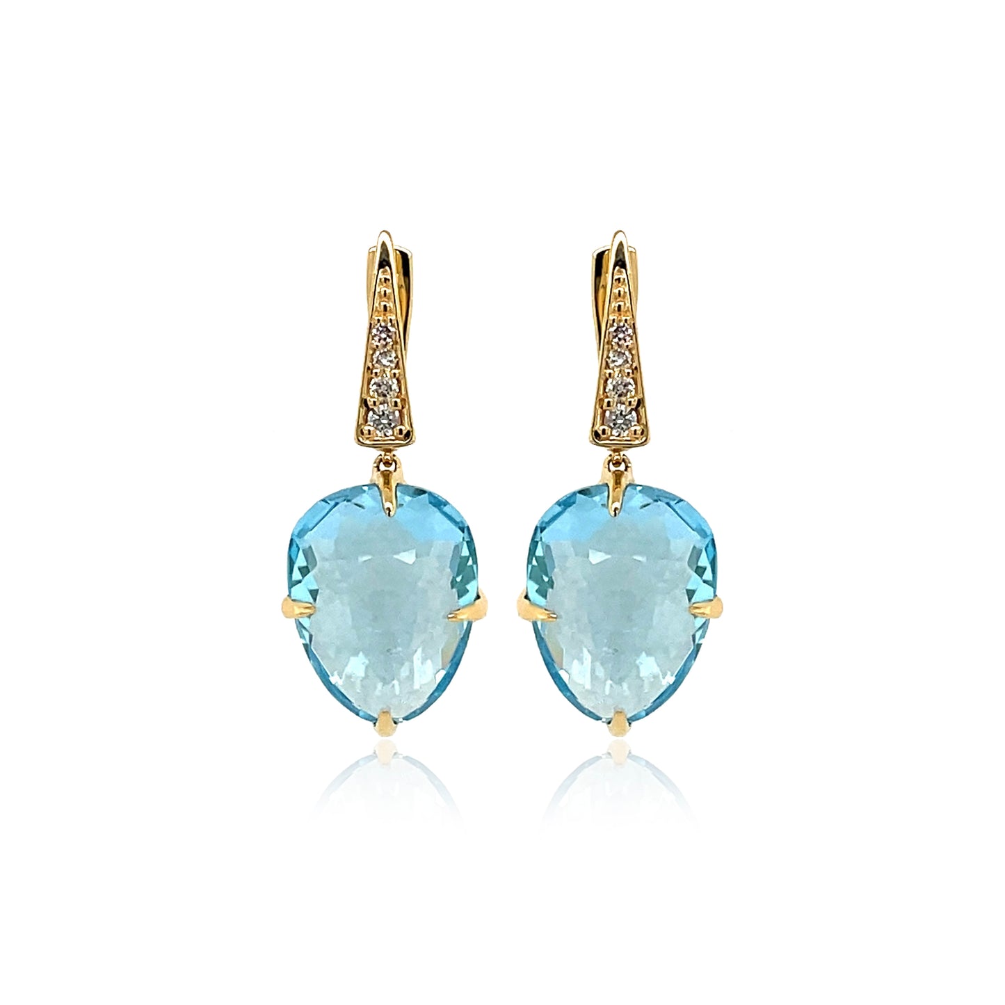 Front view of 18k Yellow Gold Large Blue Topaz & Diamond SugarLoaf Earrings