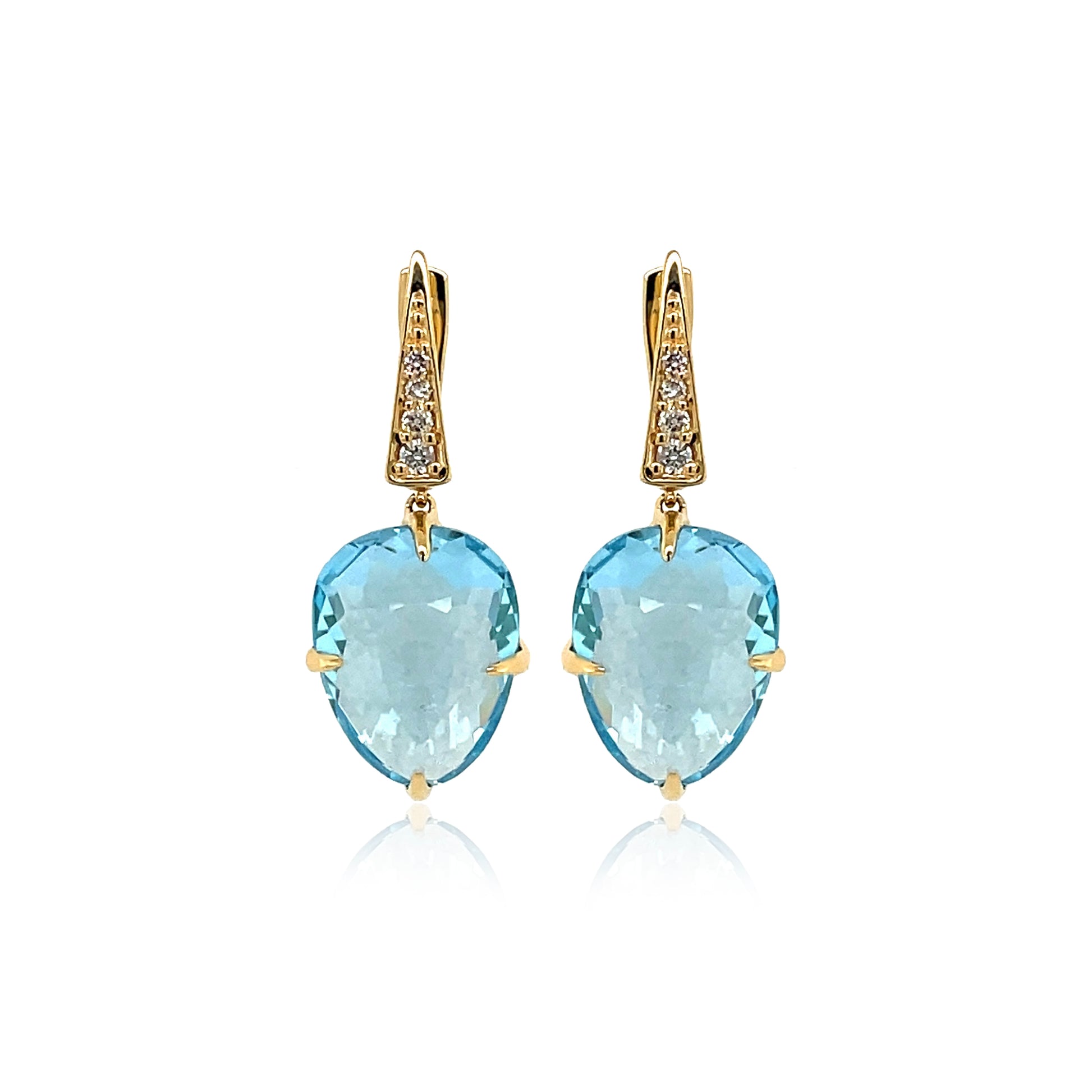 Front view of 18k Yellow Gold Large Blue Topaz & Diamond SugarLoaf Earrings