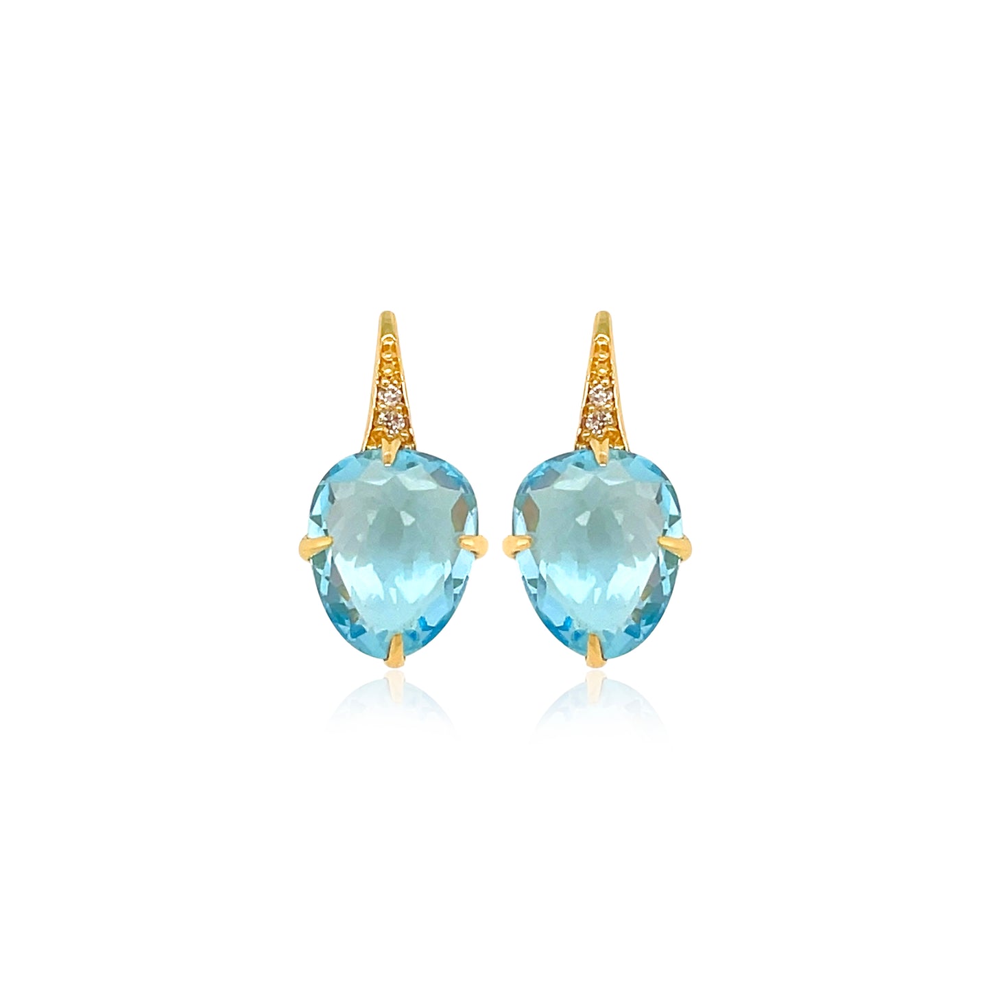 Front view of 18k Yellow Gold Small Blue Topaz & Diamond SugarLoaf Earrings