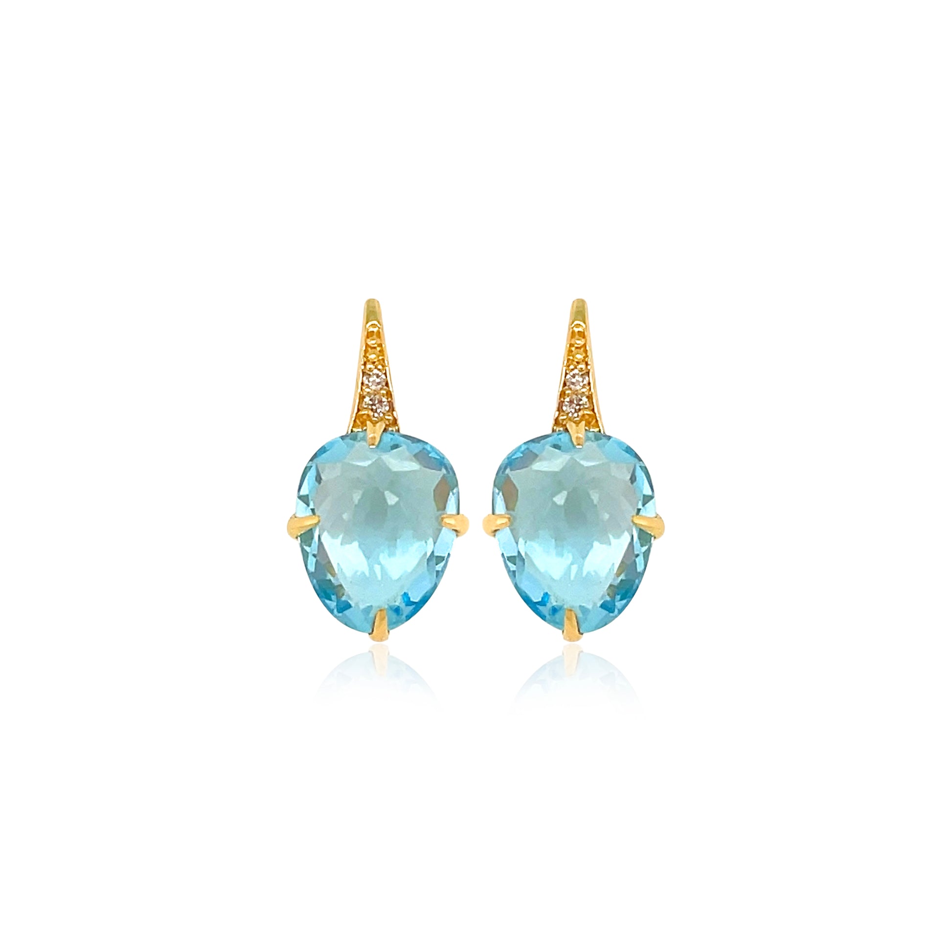 Front view of 18k Yellow Gold Small Blue Topaz & Diamond SugarLoaf Earrings