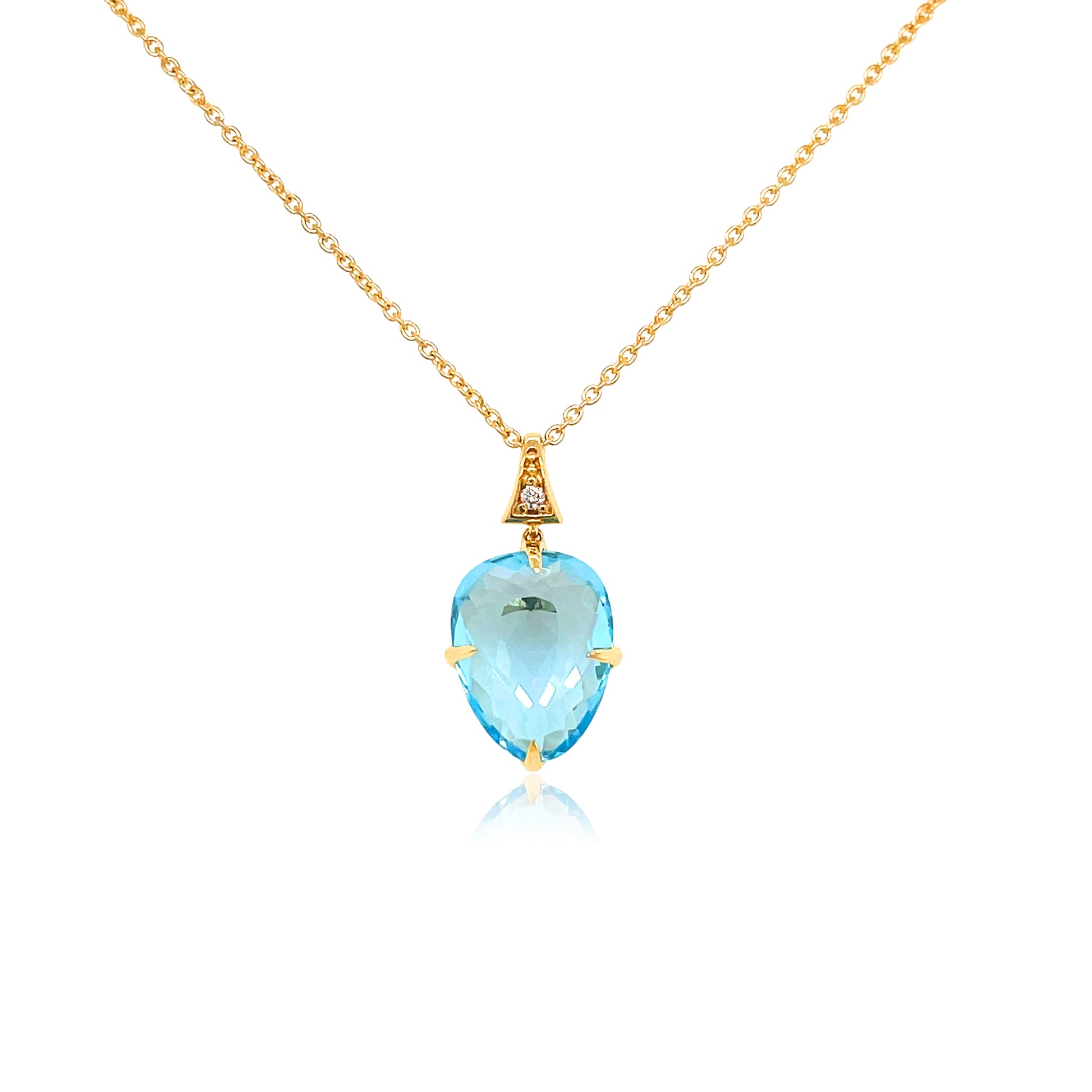 Front view of 18k Yellow Gold Large Blue Topaz & Diamond SugarLoaf Pendant Necklace