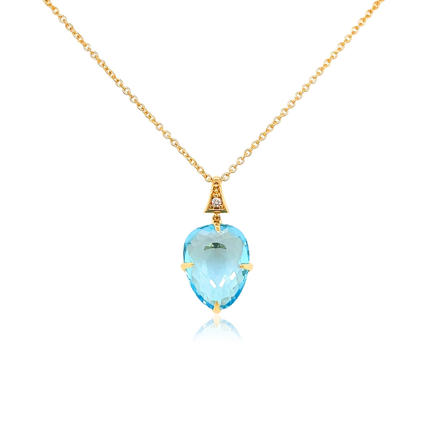 Front view of 18k Yellow Gold Small Blue Topaz & Diamond SugarLoaf Pendant Necklace