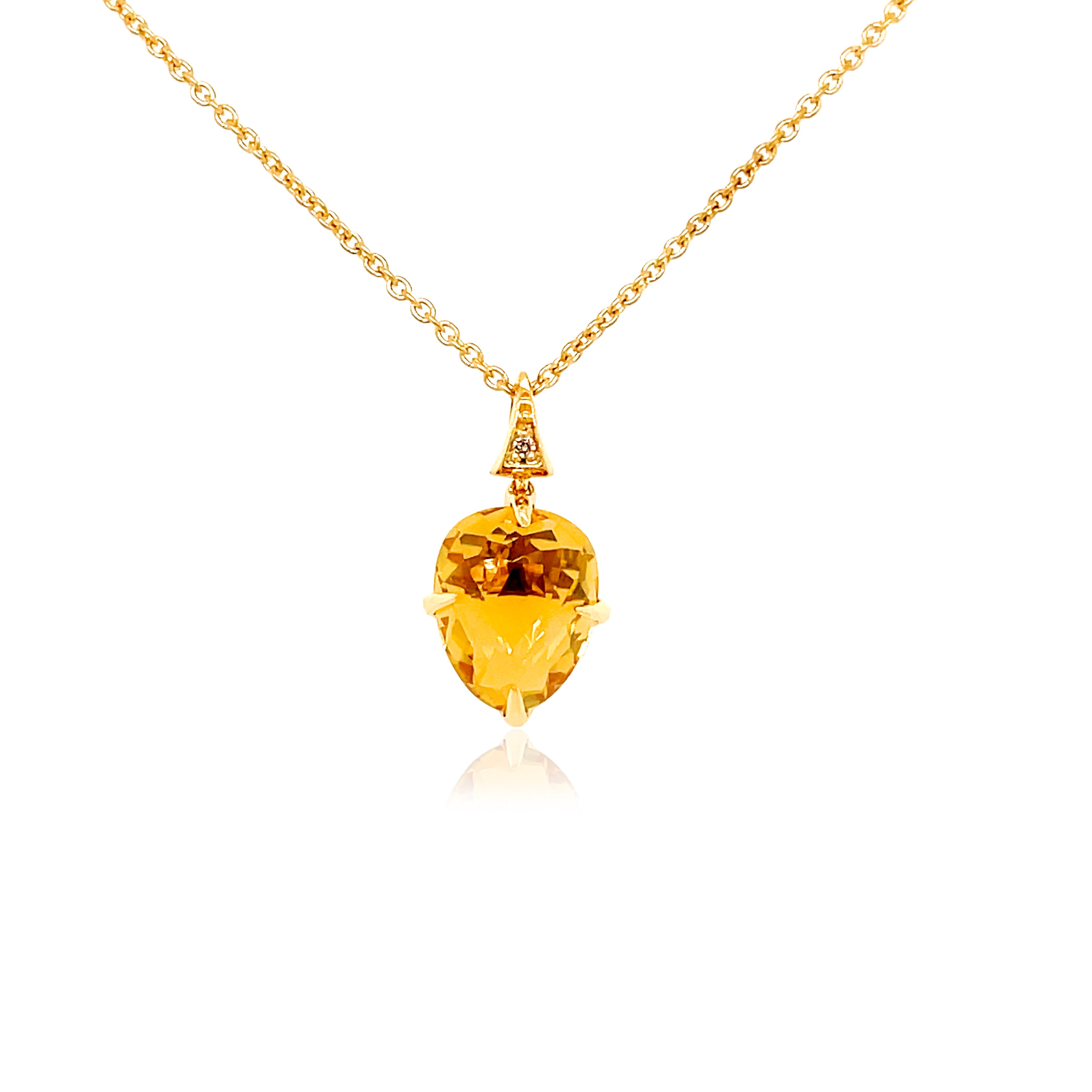 Sugar loaf collection made in Brazil  Tear shape faceted Citrine 3.10 cts  Round small diamonds 0.07 cts  Set in 18k yellow gold  Triangle shape bail   18.00 mm 