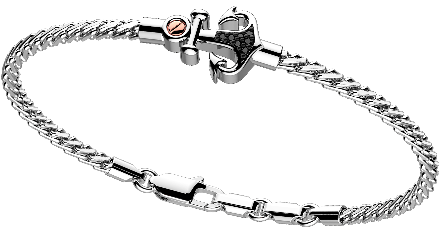 Italian made sterling silver bracelet  Rhodium coated  14.00 mm anchor  8" long and 0.5" of sizing loops  Secure lobster clasp  Weave chain  2.70 mm thickness