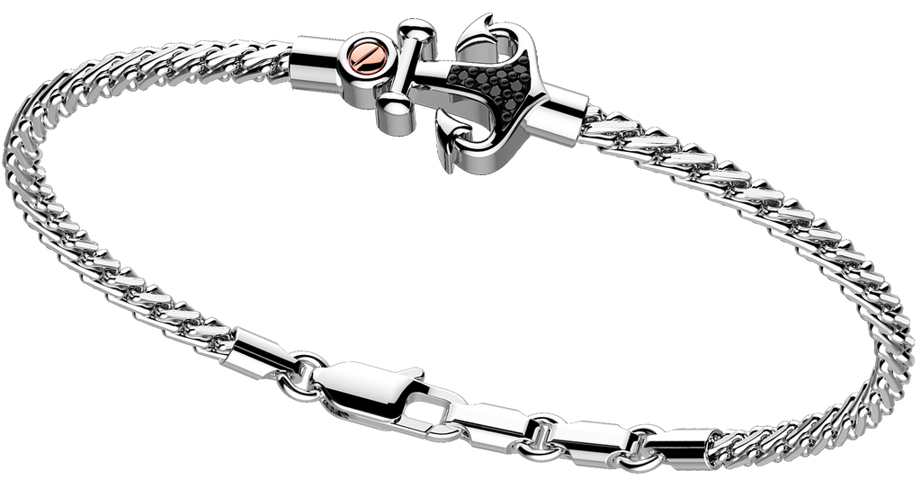 Italian made sterling silver bracelet  Rhodium coated  14.00 mm anchor  8" long and 0.5" of sizing loops  Secure lobster clasp  Weave chain  2.70 mm thickness