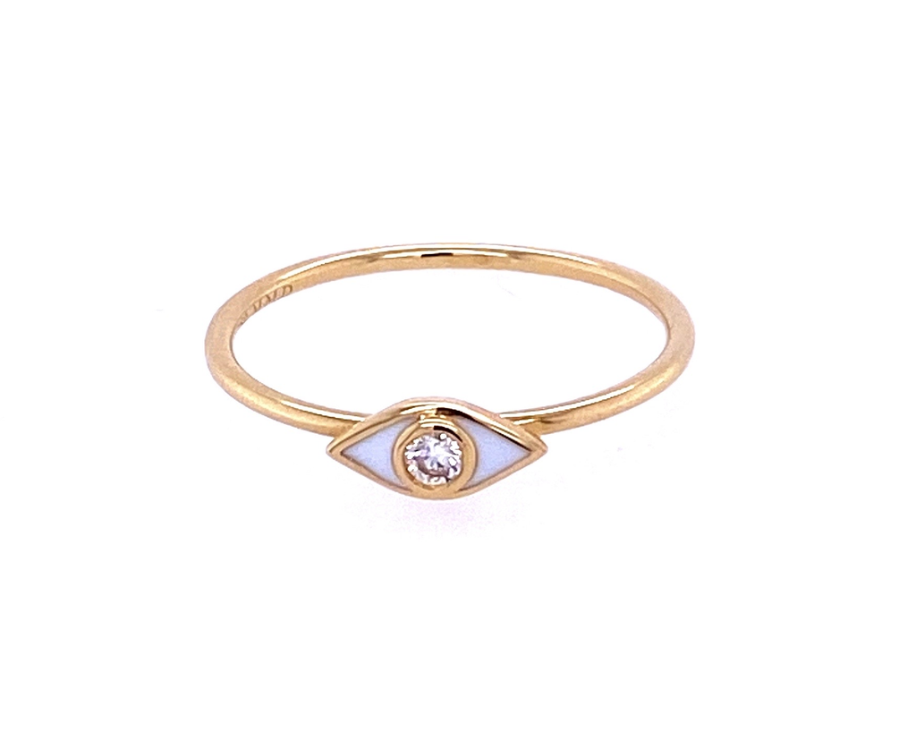 18k yellow gold ring  Small round diamond  White enamel  easy wear  Size 6 (sizable)