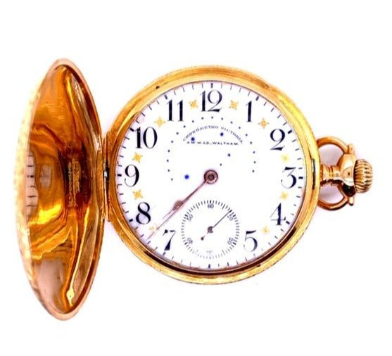 18k solid gold.  Original case and dial  Full Hunter pocket watch  Cronometro Victoria Collection  Good working condition  Plastic lens is in good condition  Sub second dial 