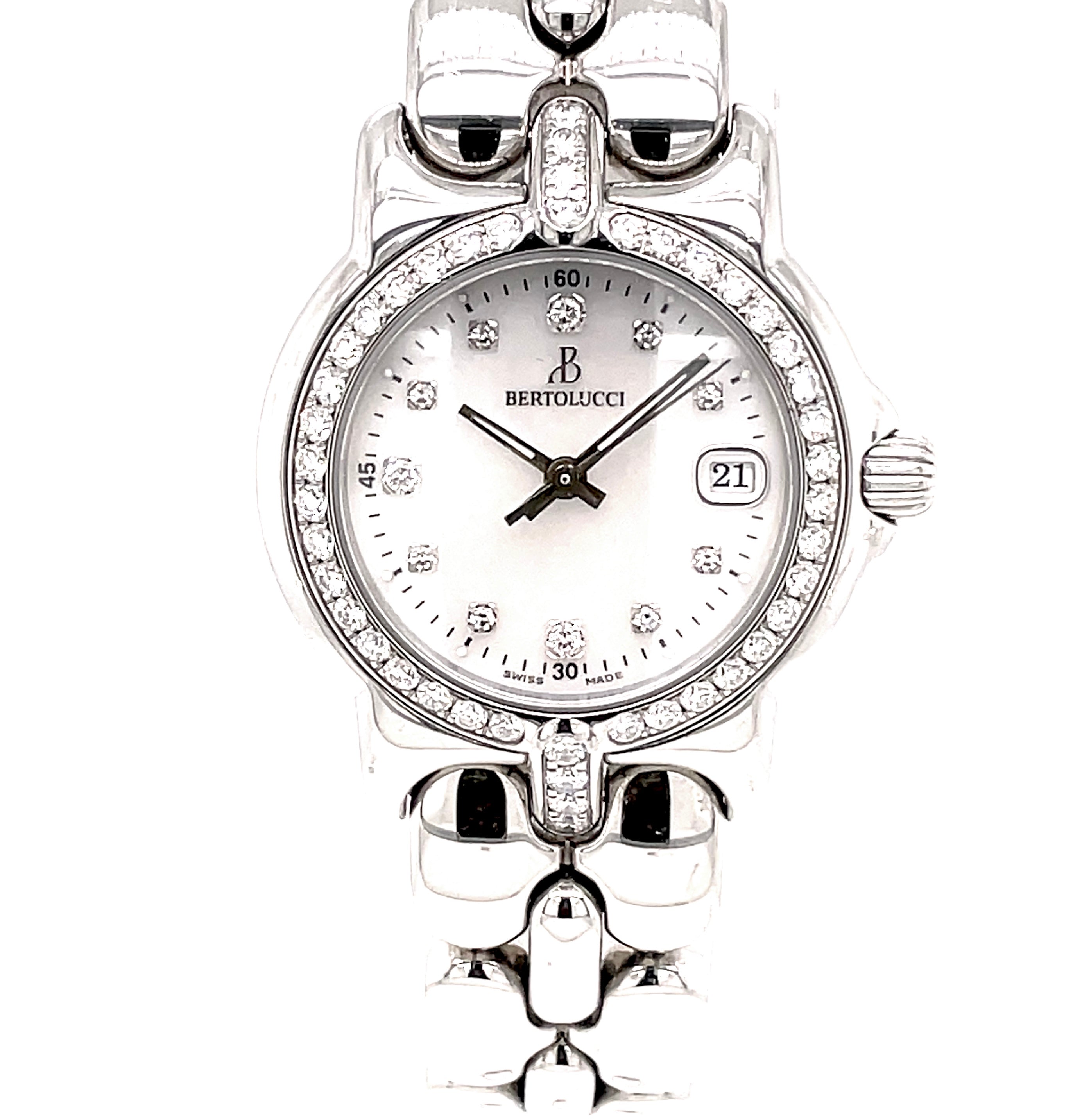 This Bertolucci Diamond Vir Stainless Steel Watch features a 0.55 ct round diamonds on its MOP dial, as well as quartz movement and a stainless steel link bracelet fastened with a deployment buckle. Hour markers are also present in diamond.